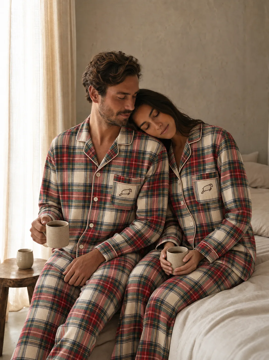 A couple in matching red and green tartan flannel pajamas with ivory piping and an embroidered sheep on the pocket, sitting on the edge of a bed with coffee, her head resting on his shoulder