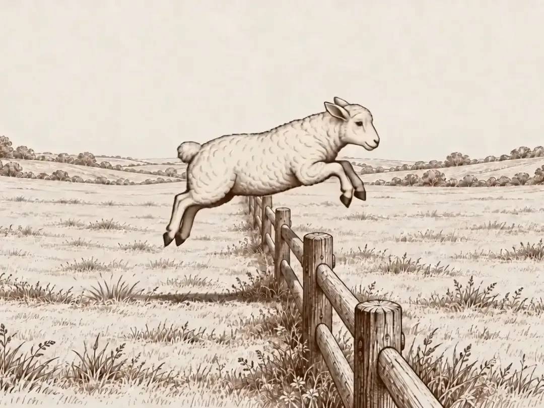 A pencil-drawn lamb at the top of its leap over a post-and-rail fence, in a sepia pasture with soft hills behind.